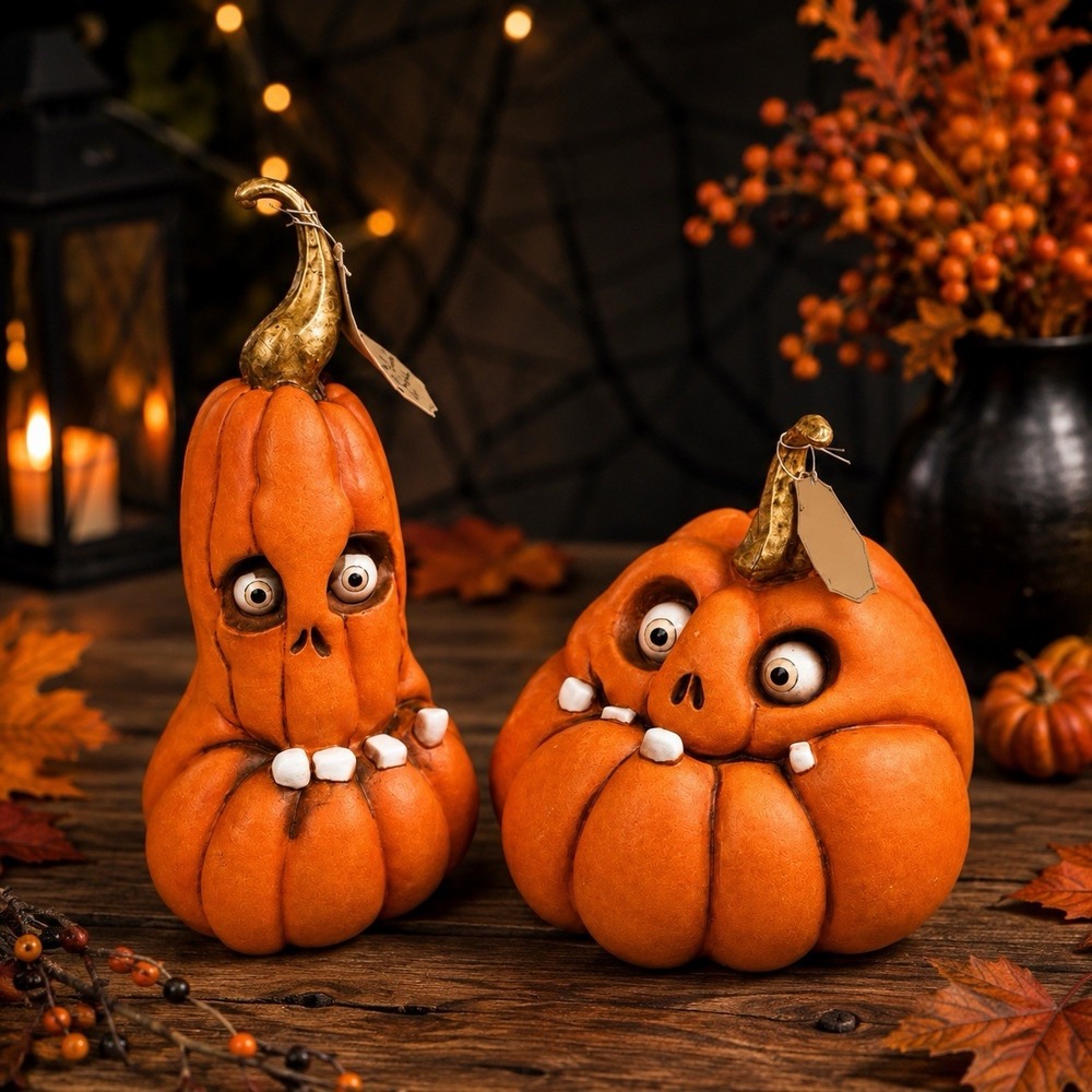 HALLOWS EVE GOOFY TOOTHED CRAZY EYE'D HALLOWEEN  PUMPKINS SET OF 2 NEW CREEPY